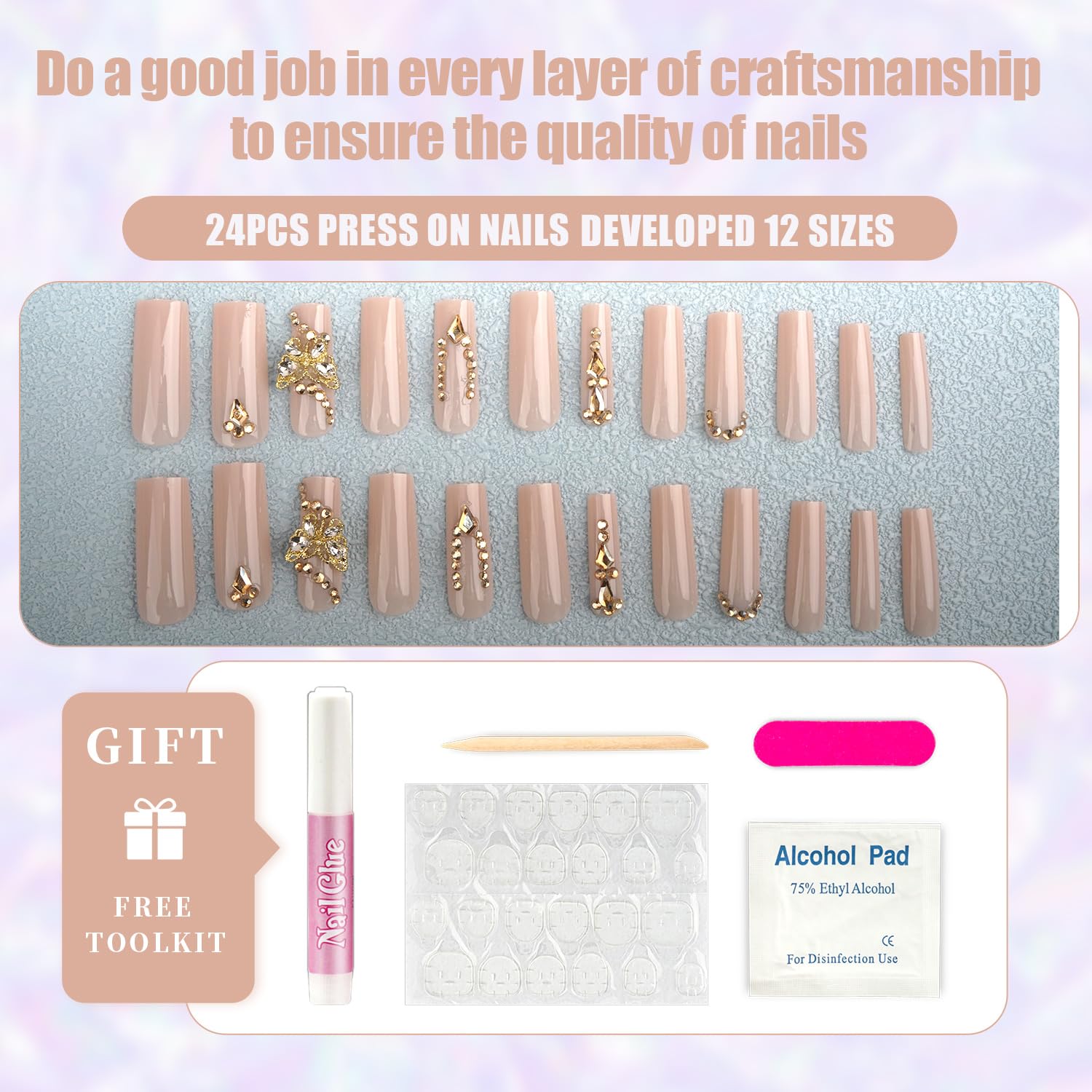 24pcs Long Coffin Press-On Nails with 3D Butterflies & Gold Rhinestones - Image 2