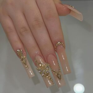24pcs Long Coffin Press-On Nails with 3D Butterflies & Gold Rhinestones