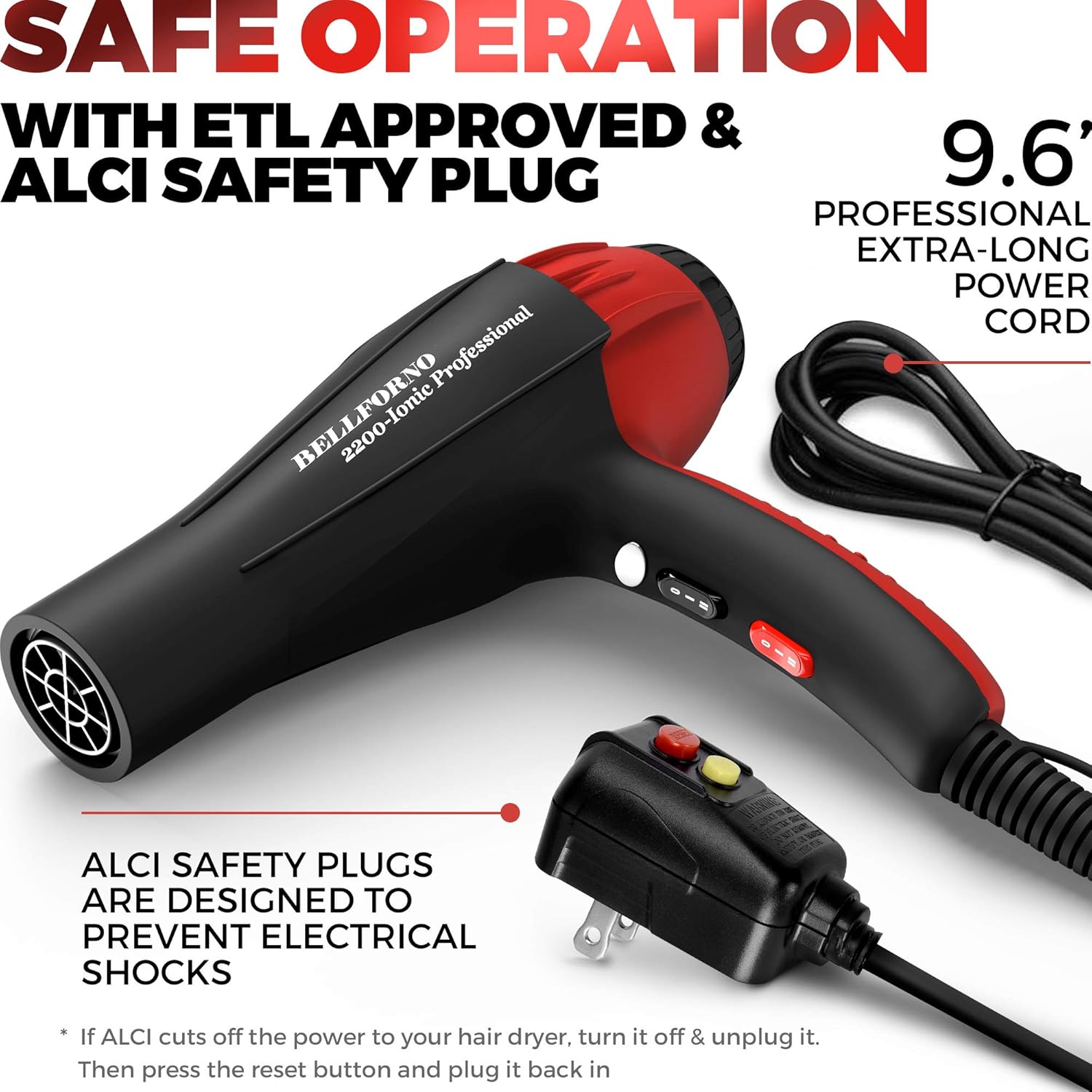 2200W Black/Red Professional Ionic Hair Dryer with Diffuser and 2 Nozzle Attachments - Image 8