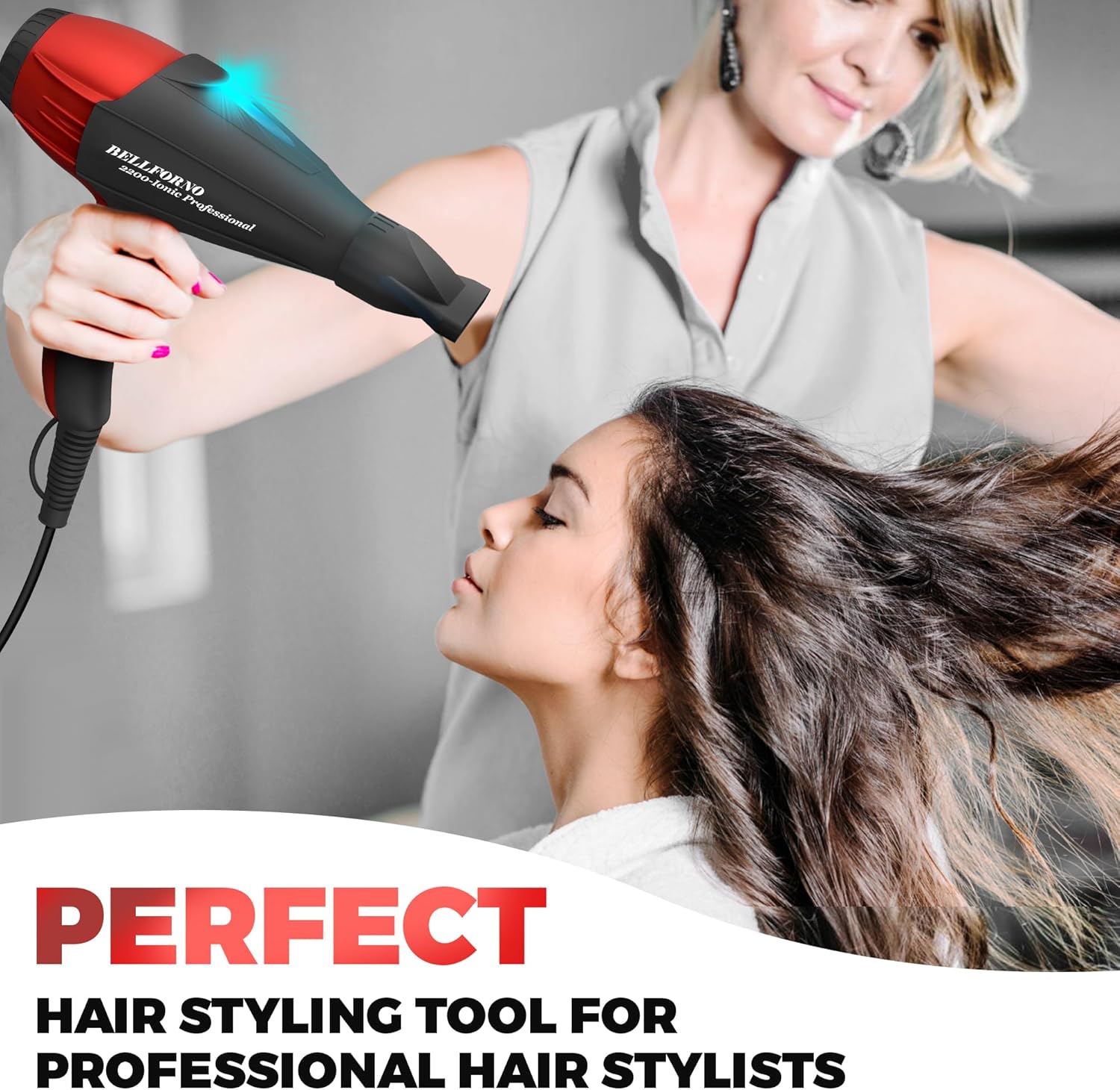 2200W Black/Red Professional Ionic Hair Dryer with Diffuser and 2 Nozzle Attachments - Image 7