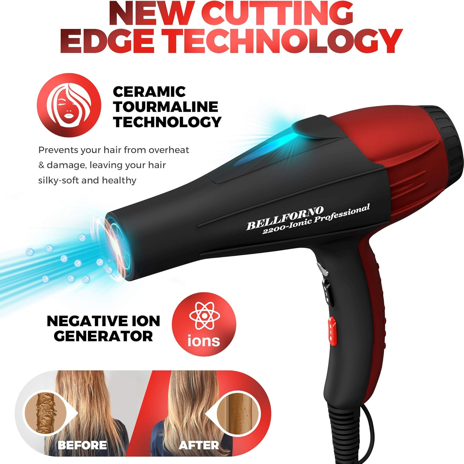 2200W Black/Red Professional Ionic Hair Dryer with Diffuser and 2 Nozzle Attachments - Image 5