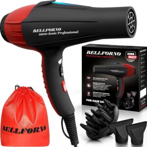 2200W Black/Red Professional Ionic Hair Dryer with Diffuser and 2 Nozzle Attachments