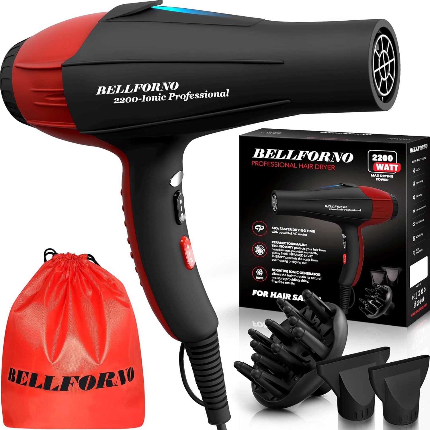 2200W Black/Red Professional Ionic Hair Dryer with Diffuser and 2 Nozzle Attachments