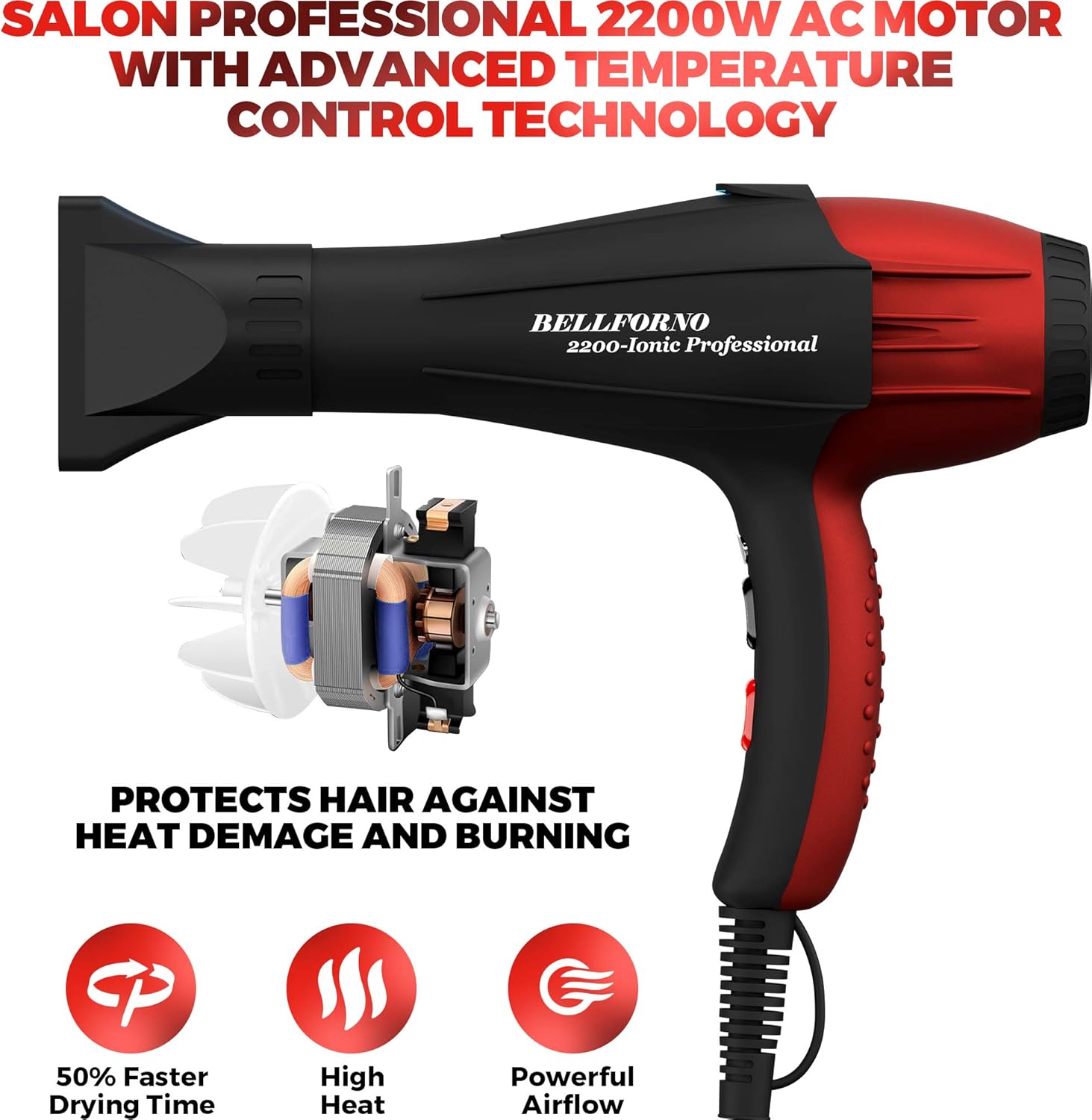 2200W Black/Red Professional Ionic Hair Dryer with Diffuser and 2 Nozzle Attachments - Image 9