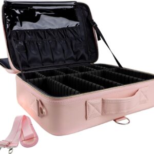PU Leather 16" Travel Makeup Bag with Adjustable Strap & Brush (L-Pink)