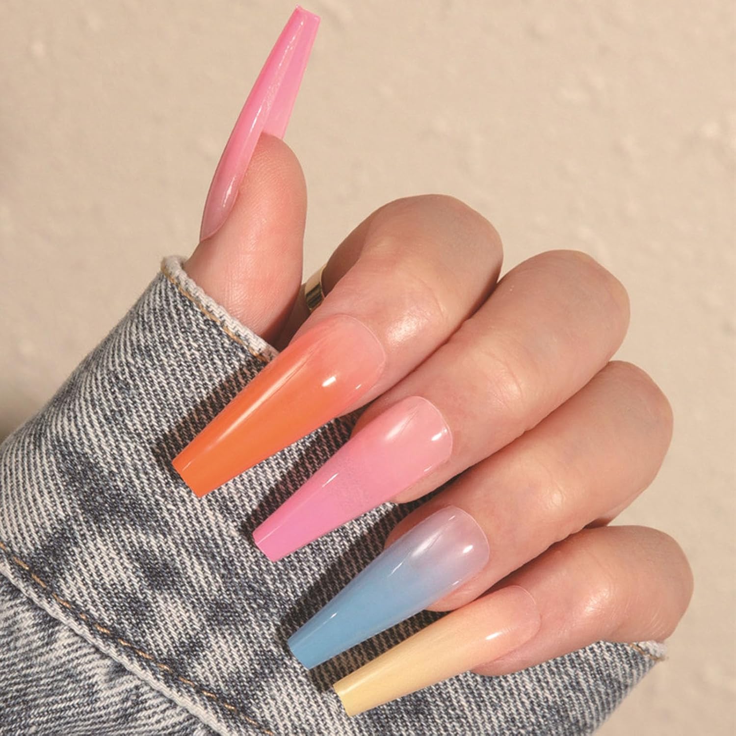 Rainbow Gradient Coffin Press-On Nails, Glossy Acrylic Summer Nail Art - Image 6