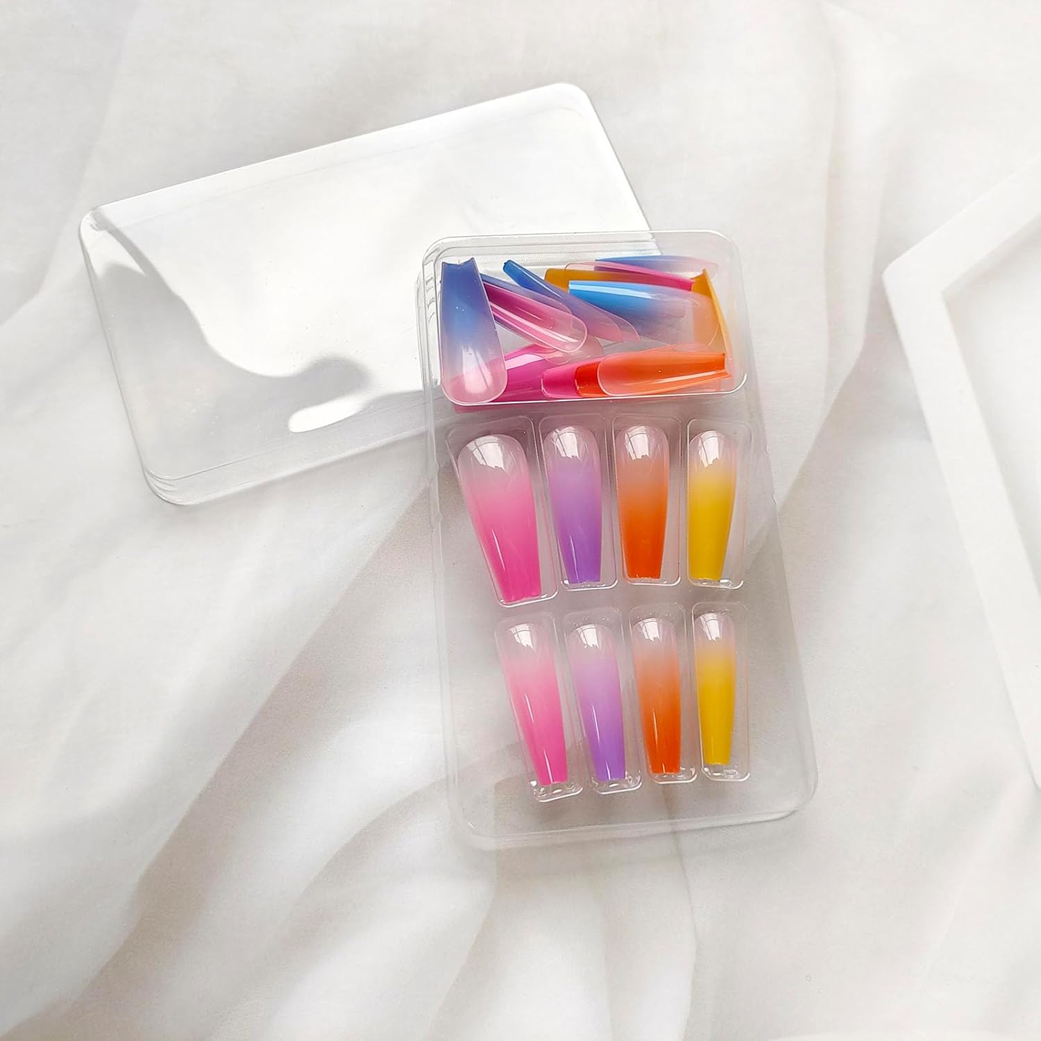 Rainbow Gradient Coffin Press-On Nails, Glossy Acrylic Summer Nail Art - Image 5