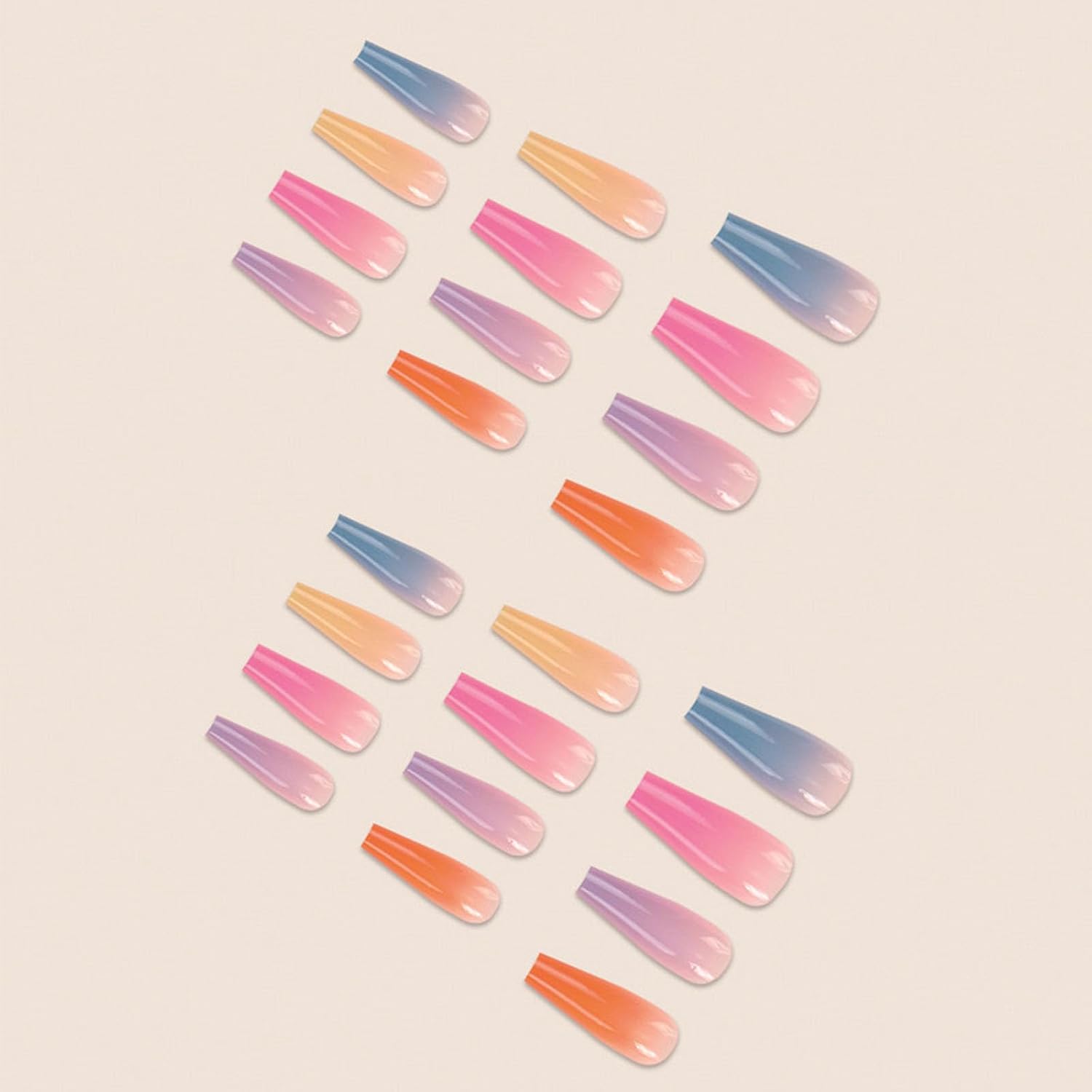 Rainbow Gradient Coffin Press-On Nails, Glossy Acrylic Summer Nail Art - Image 4