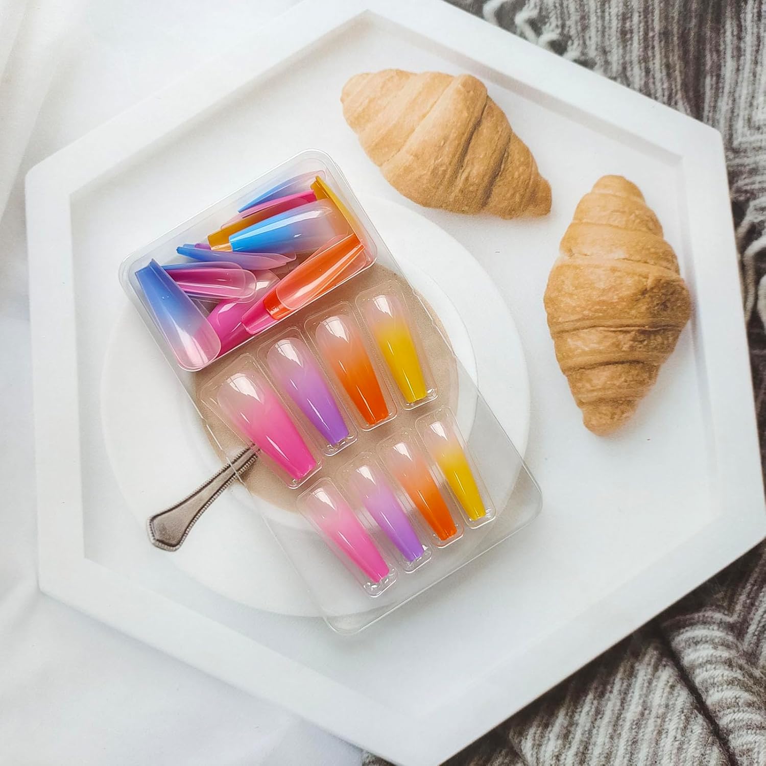 Rainbow Gradient Coffin Press-On Nails, Glossy Acrylic Summer Nail Art - Image 3