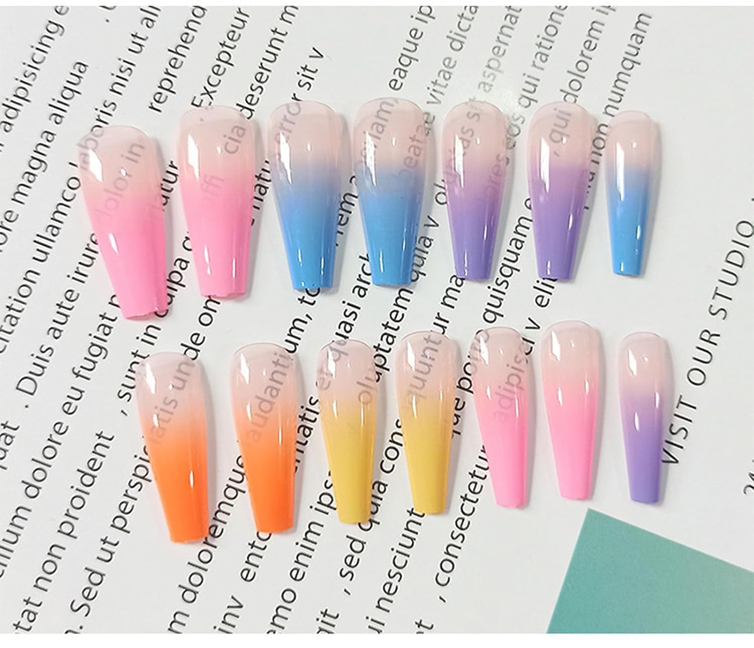 Rainbow Gradient Coffin Press-On Nails, Glossy Acrylic Summer Nail Art - Image 2