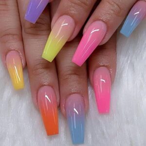 Rainbow Gradient Coffin Press-On Nails, Glossy Acrylic Summer Nail Art