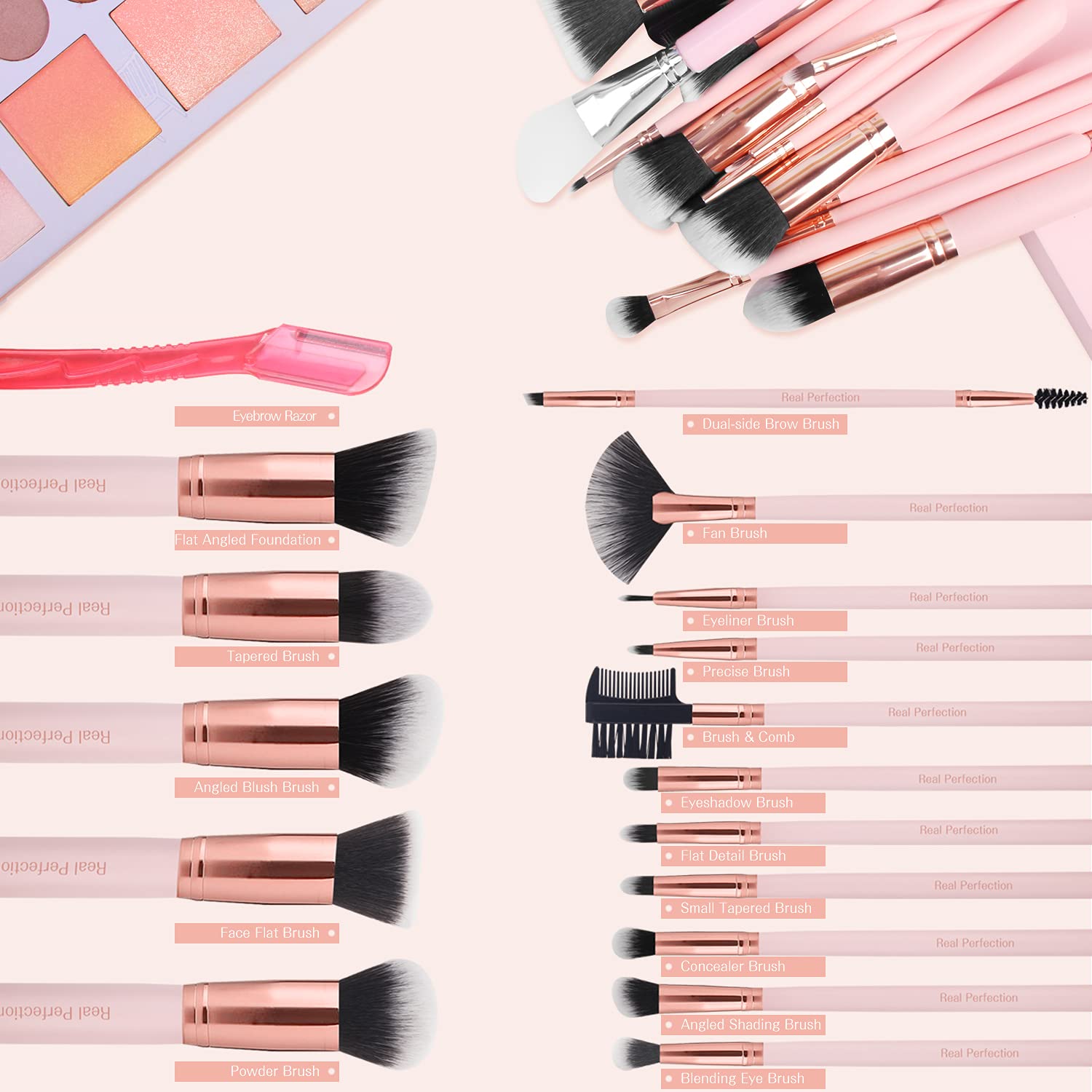 Real Perfection 16-Piece Makeup Brush Set with Eyebrow Razor and Synthetic Brushes - Image 2