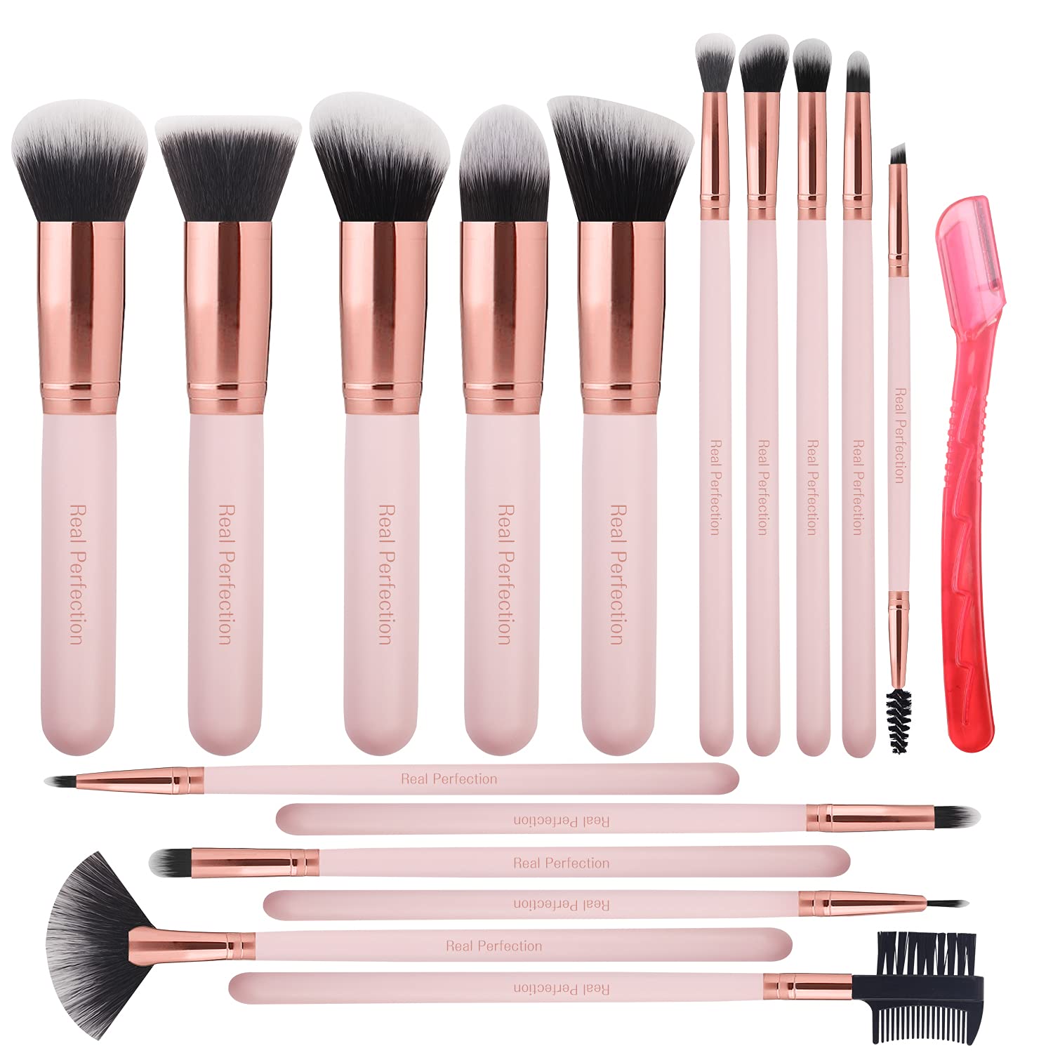 Real Perfection 16-Piece Makeup Brush Set with Eyebrow Razor and Synthetic Brushes