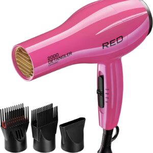RED by KISS 2000 Ceramic Hair Dryer, Professional Salon Blow Dryer, 2 Detangler Pik Attachments, Tourmaline Technology, 3 Heat Settings, Easy Storage Loop (Pink)