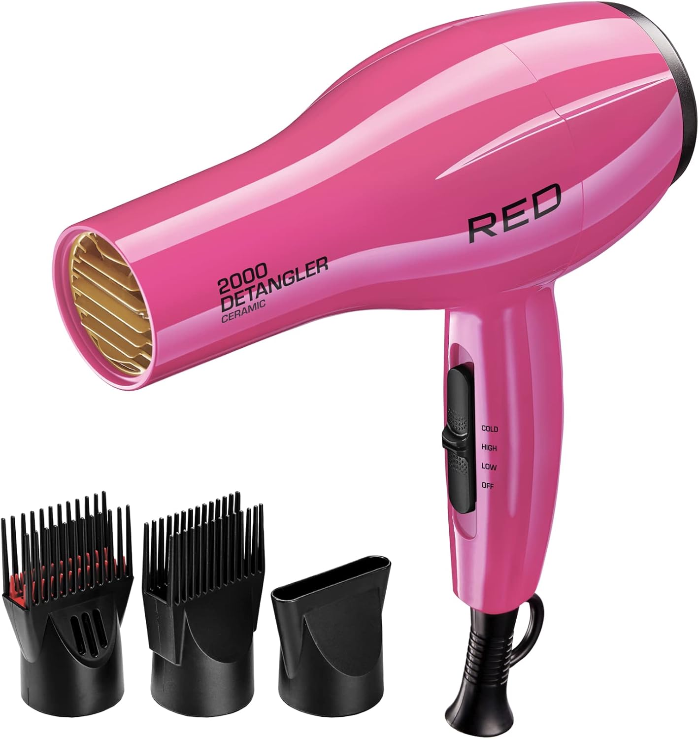 RED by KISS 2000 Ceramic Hair Dryer, Professional Salon Blow Dryer, 2 Detangler Pik Attachments, Tourmaline Technology, 3 Heat Settings, Easy Storage Loop (Pink)