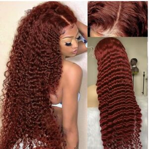 Reddish Brown Lace Front Wigs Human Hair Pre Plucked 5x5 Auburn Colored Human Hair Lace Front Wigs Mongolian Deep Wave Glueless Wigs Human Hair Wear and Go HD Lace Frontal Human Hair Wig (24inch)