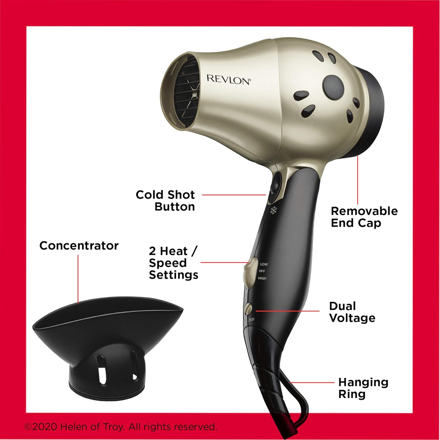 REVLON Compact Folding Handle Hair Dryer |1875W Blow Dryer with Ionic Technology for Salon Styled Finish with Less Frizz and More Shine | Great for Travel (Gold/Black) - Image 5