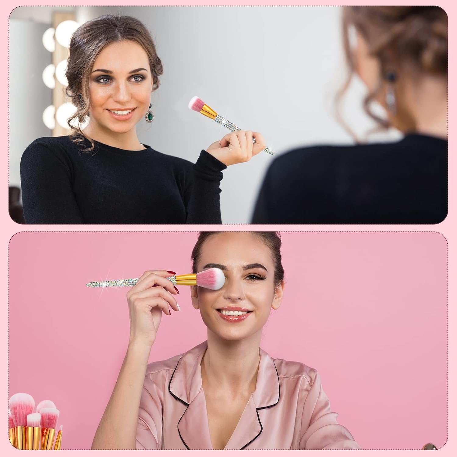 Rhinestone Makeup Brush Set - 13 Bling Brushes with Holder for Face & Eyes - Image 6
