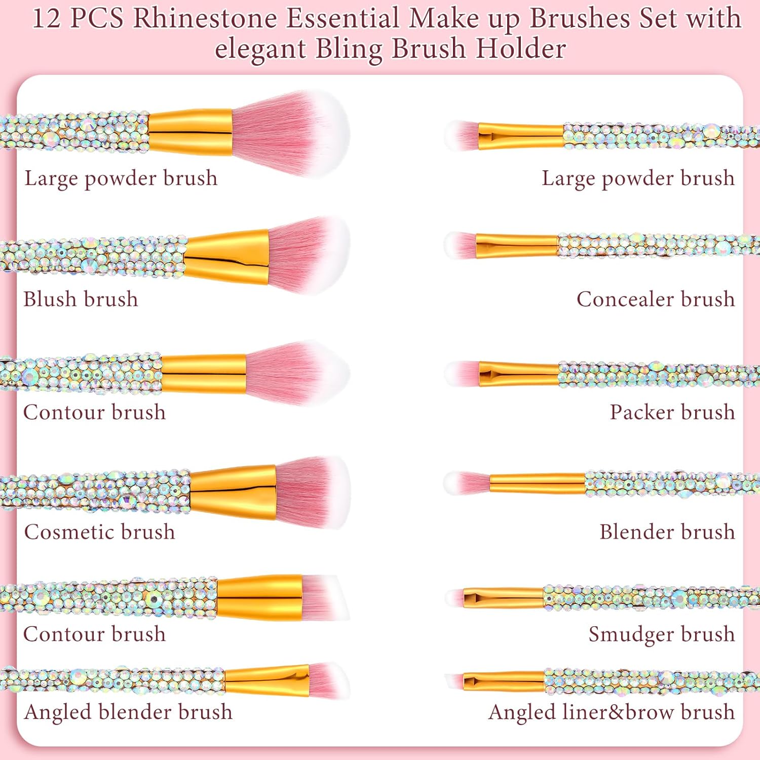 Rhinestone Makeup Brush Set - 13 Bling Brushes with Holder for Face & Eyes - Image 4