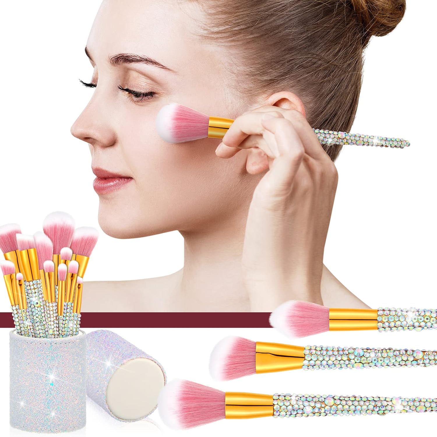Rhinestone Makeup Brush Set - 13 Bling Brushes with Holder for Face & Eyes - Image 3
