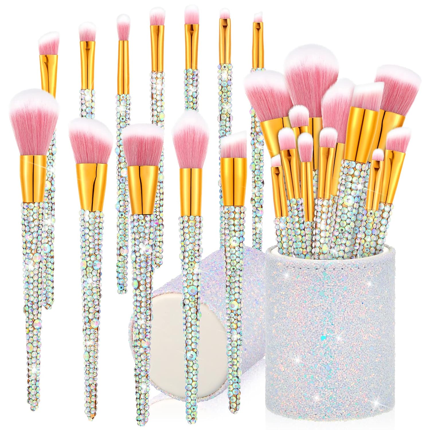 Rhinestone Makeup Brush Set - 13 Bling Brushes with Holder for Face & Eyes