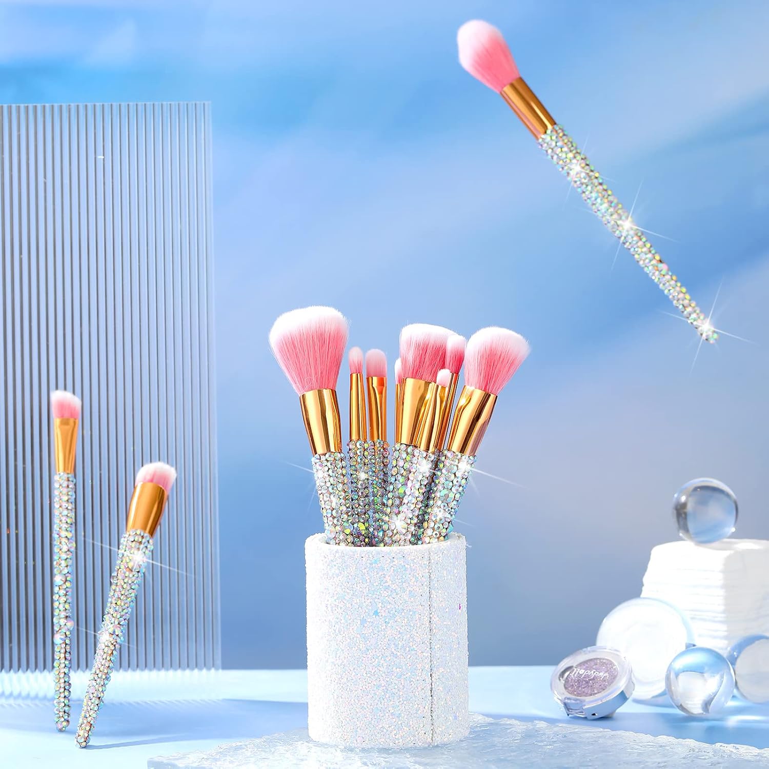 Rhinestone Makeup Brush Set - 13 Bling Brushes with Holder for Face & Eyes - Image 7