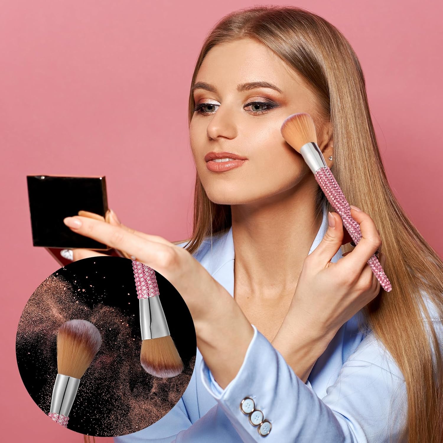 Rtteri 13 Pcs Rhinestone Makeup Brush Set with Holder - Pink, Yellow - Image 6