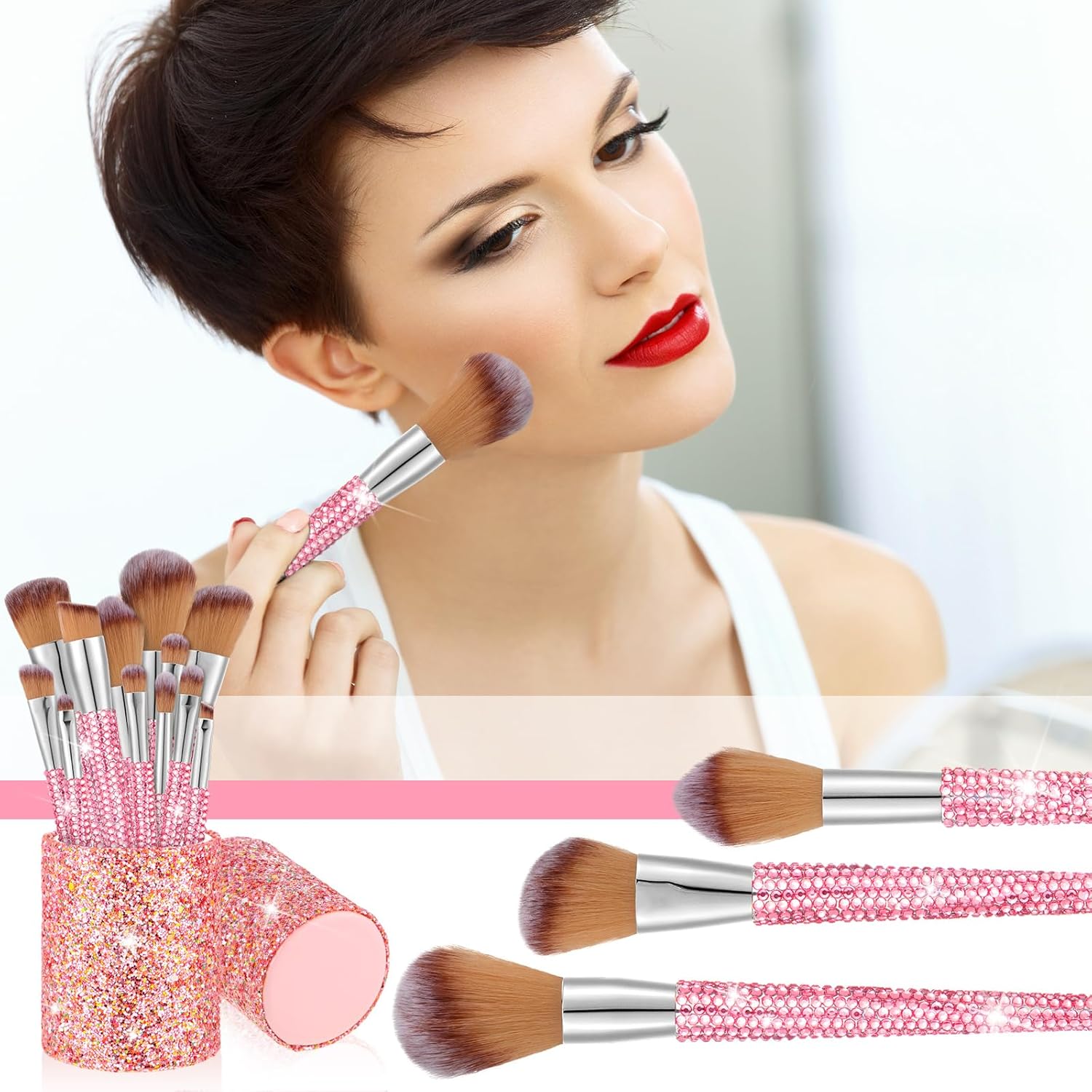 Rtteri 13 Pcs Rhinestone Makeup Brush Set with Holder - Pink, Yellow - Image 4