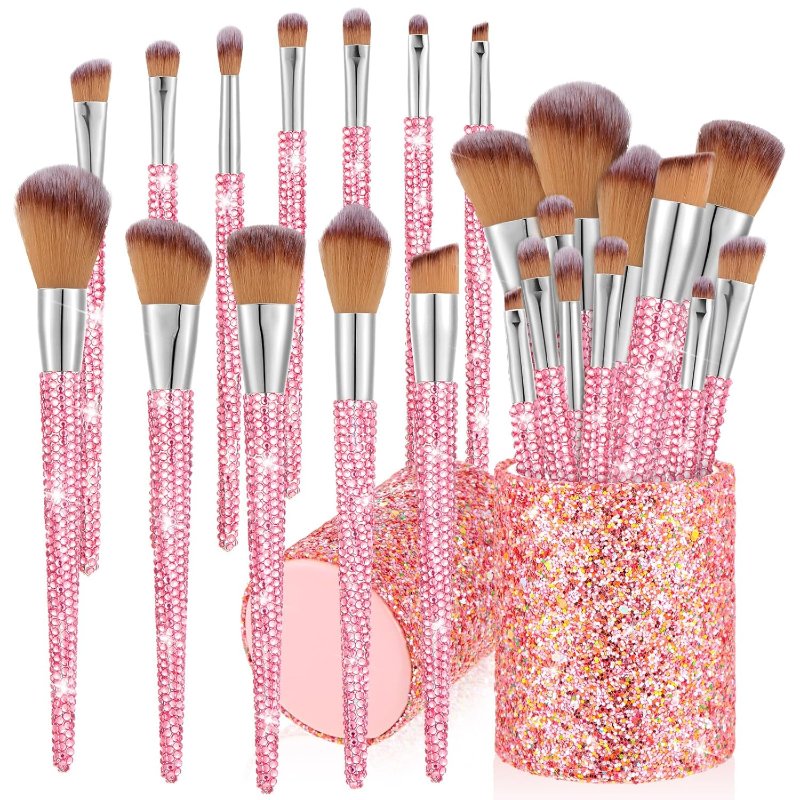 Rtteri 13 Pcs Rhinestone Makeup Brush Set with Holder - Pink, Yellow
