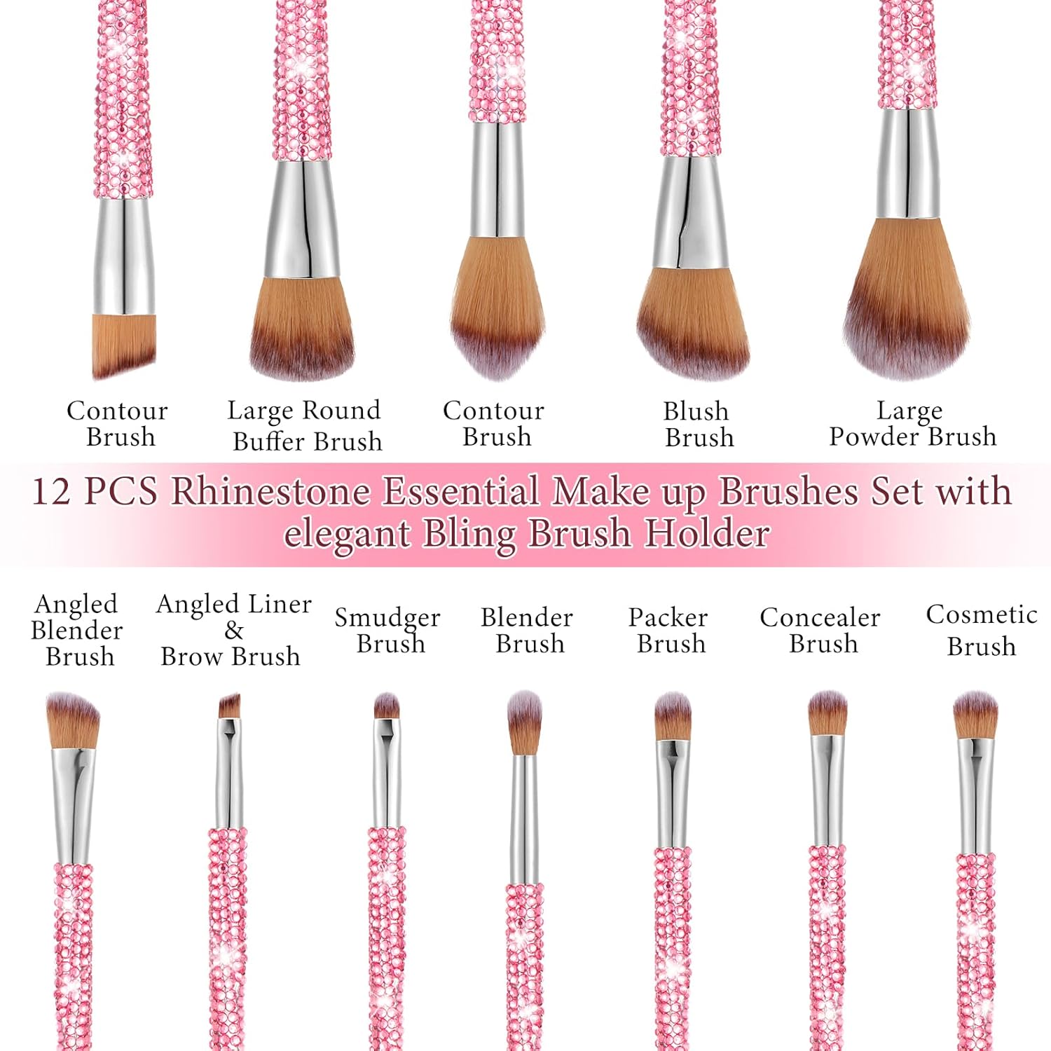 Rtteri 13 Pcs Rhinestone Makeup Brush Set with Holder - Pink, Yellow - Image 3