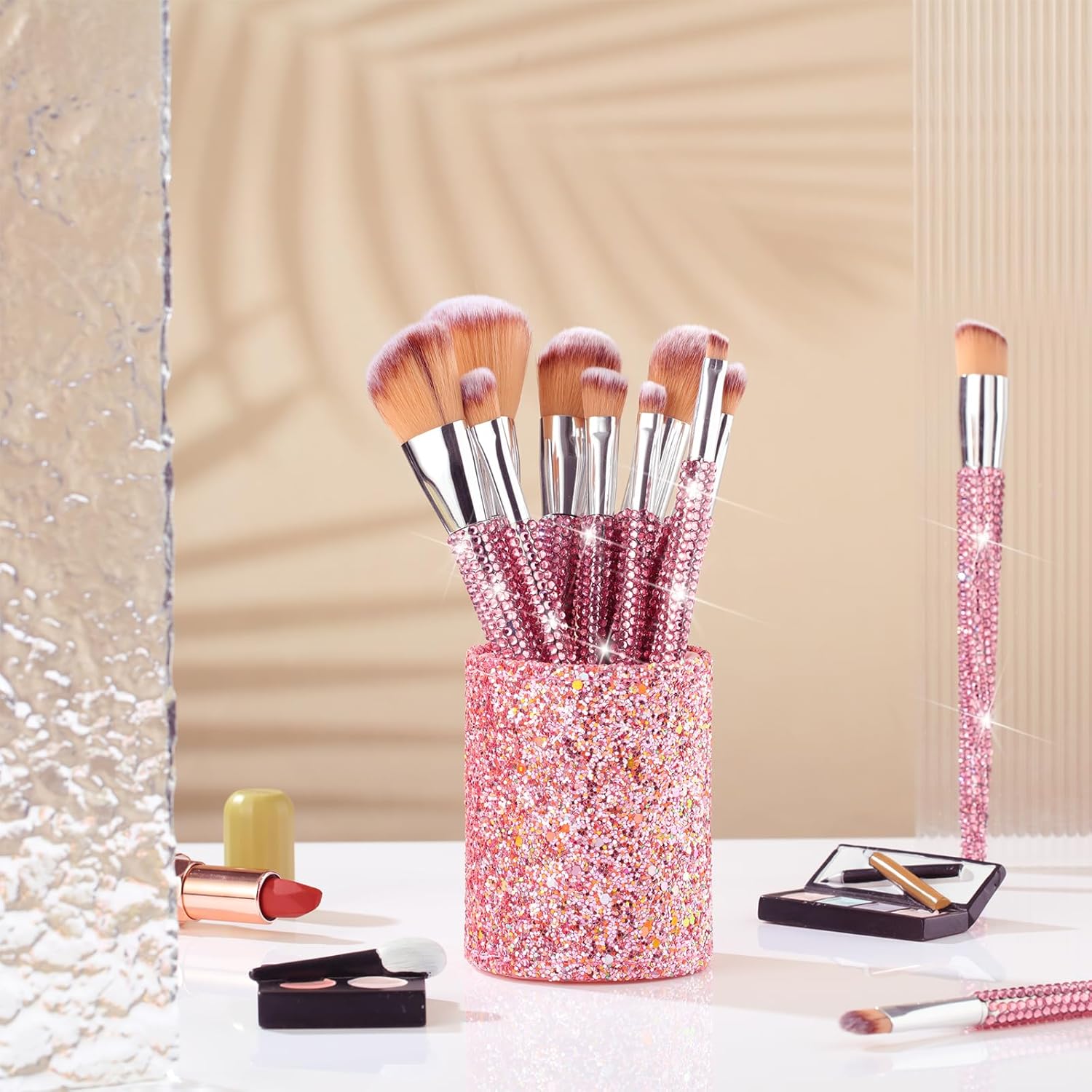 Rtteri 13 Pcs Rhinestone Makeup Brush Set with Holder - Pink, Yellow - Image 7