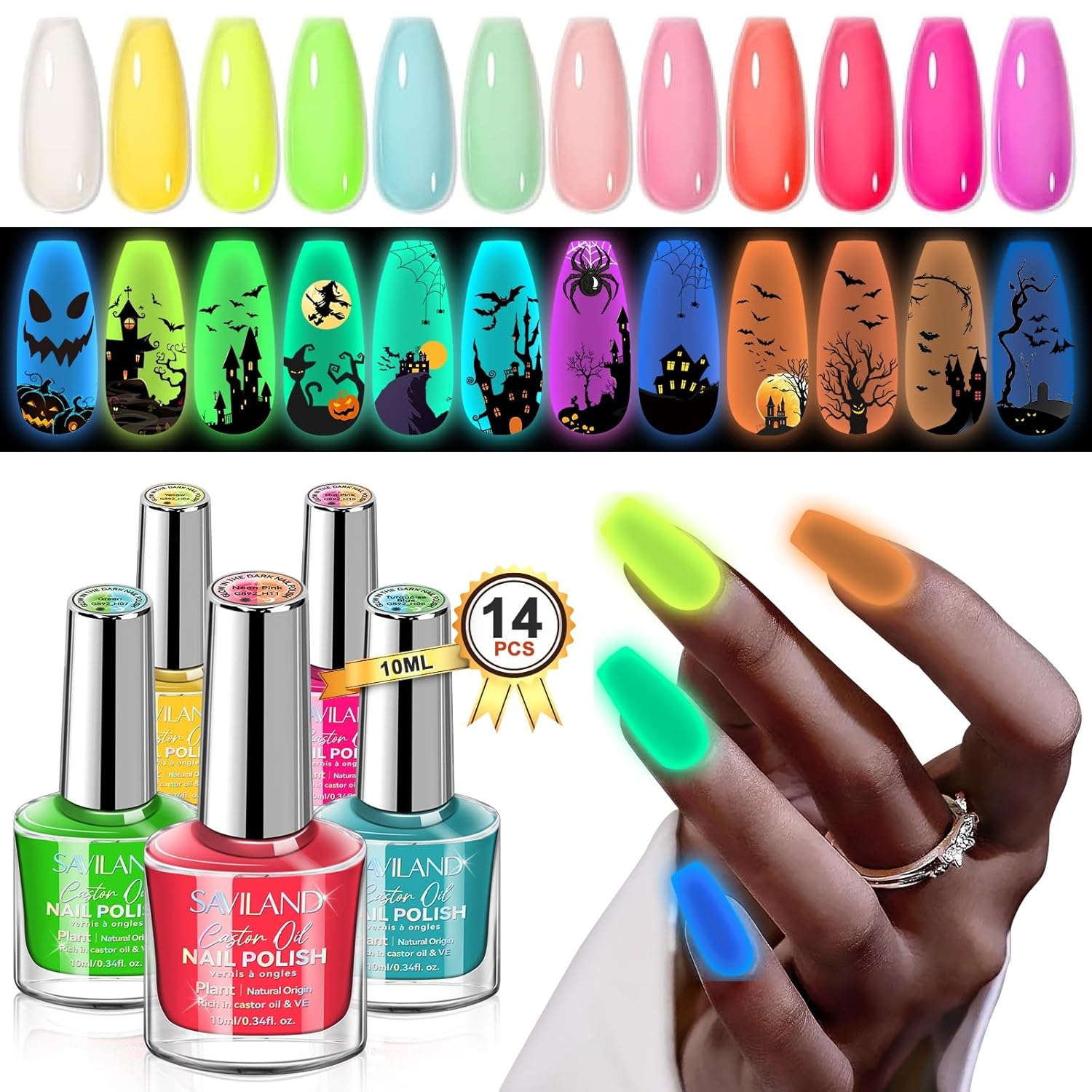 SAVILAND 12-Color Glow-in-the-Dark Vegan Nail Polish Set with Base Coat