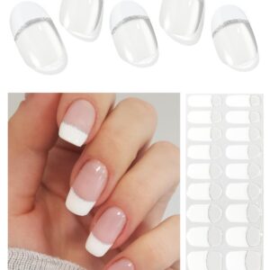 20 PCS Semi Cured Gel Nail Strips - White French Tip, UV Light Needed