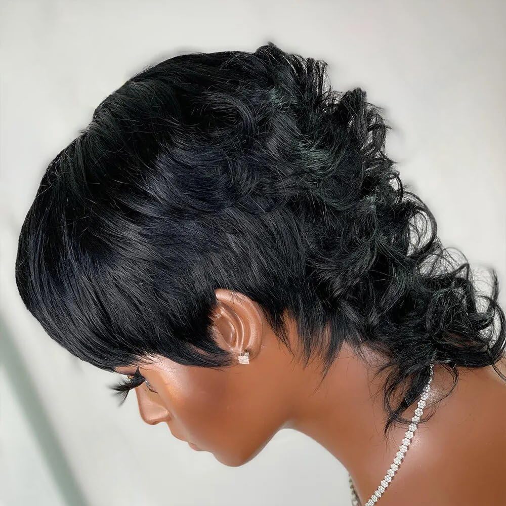 Short Curly Bob Wigs for Black Women Human Hair Wig Loose Wave Pixie Cut Wig with Bangs None Lace Full Machine Made Wig 1B Color 150% Density - Image 4
