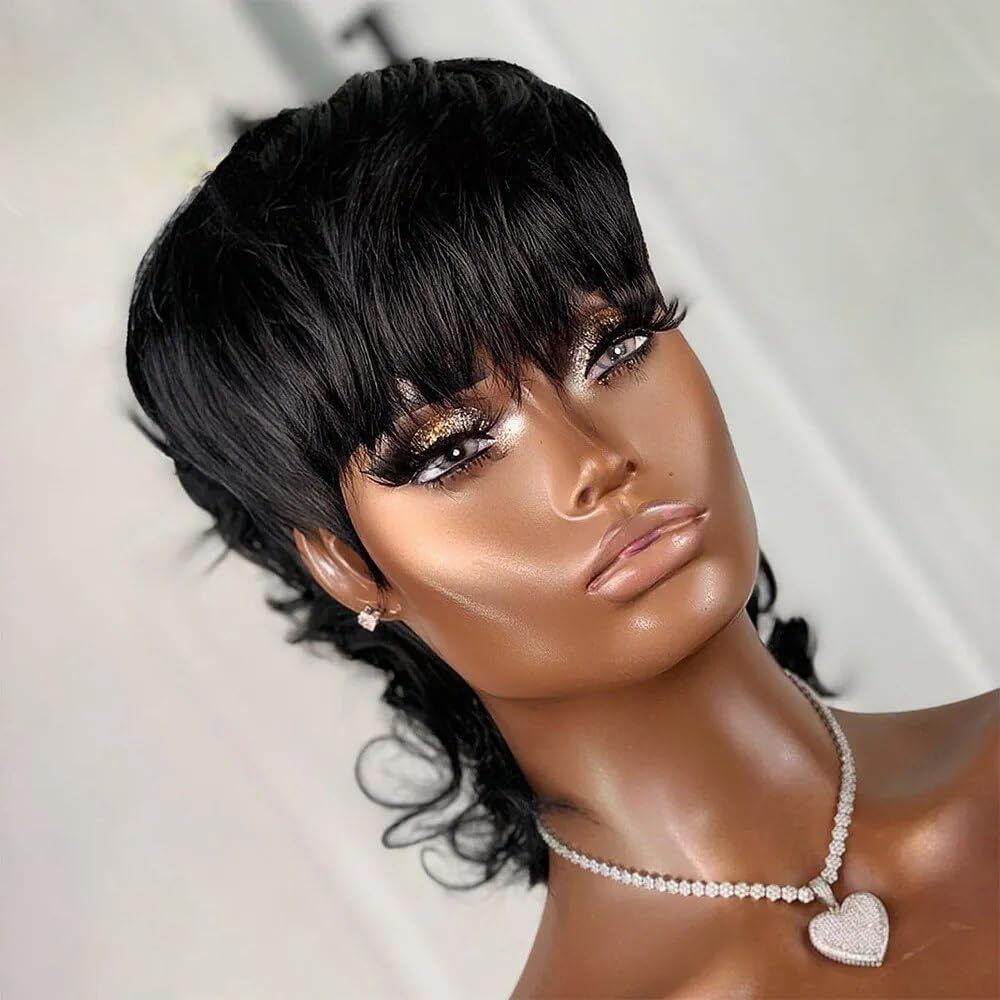 Short Curly Bob Wigs for Black Women Human Hair Wig Loose Wave Pixie Cut Wig with Bangs None Lace Full Machine Made Wig 1B Color 150% Density - Image 3