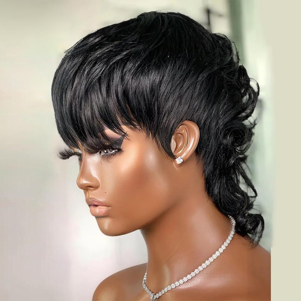 Short Curly Bob Wigs for Black Women Human Hair Wig Loose Wave Pixie Cut Wig with Bangs None Lace Full Machine Made Wig 1B Color 150% Density - Image 2
