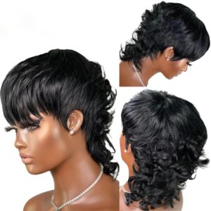 Short Curly Bob Wigs for Black Women Human Hair Wig Loose Wave Pixie Cut Wig with Bangs None Lace Full Machine Made Wig 1B Color 150% Density