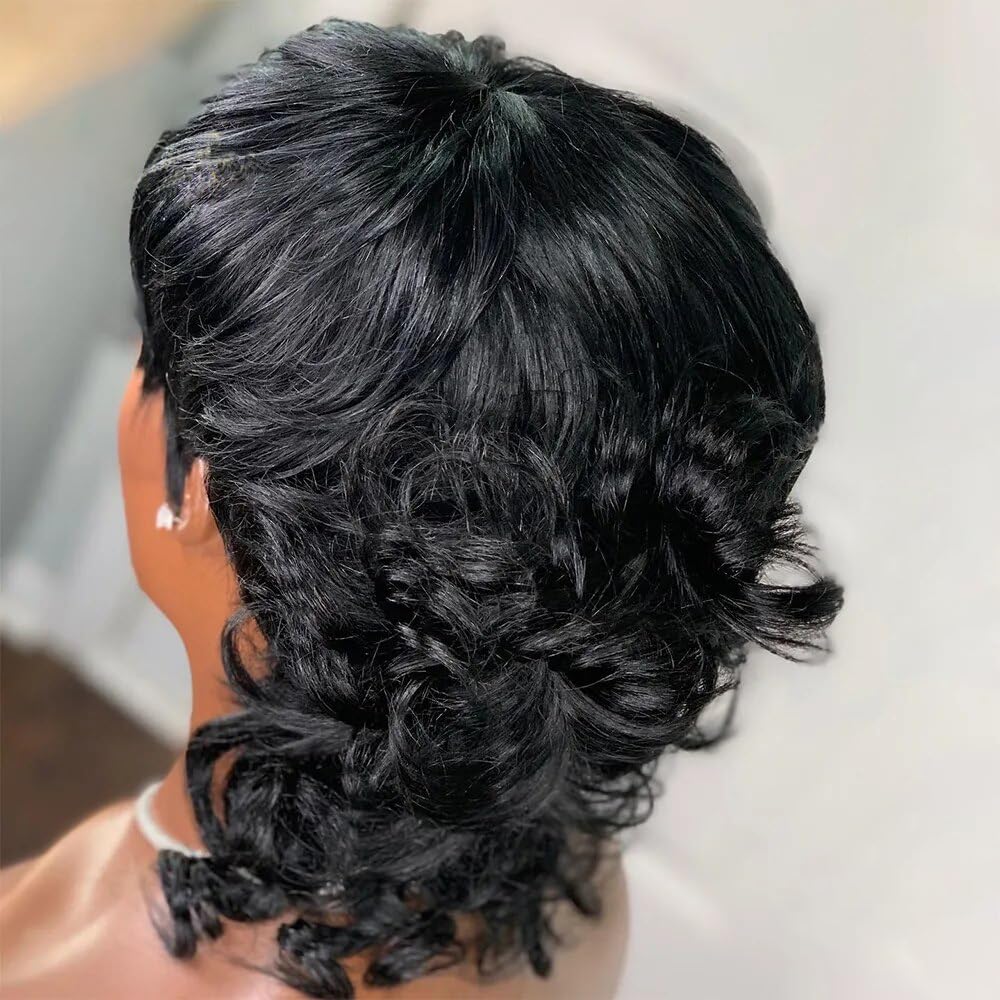 Short Curly Bob Wigs for Black Women Human Hair Wig Loose Wave Pixie Cut Wig with Bangs None Lace Full Machine Made Wig 1B Color 150% Density - Image 5