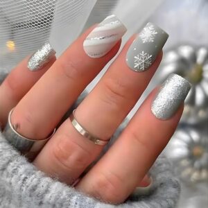 24Pcs Short Square Press-On Nails in Light Blue-Green Glitter for Winter Use