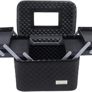 Sooyee Black Makeup Bag with Mirror, 4-Layer Foldable Organizer for Travel