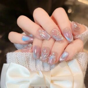Medium Square Press-On Nails, Mermaid Pattern, 24 Pcs Acrylic Set (B866-001)