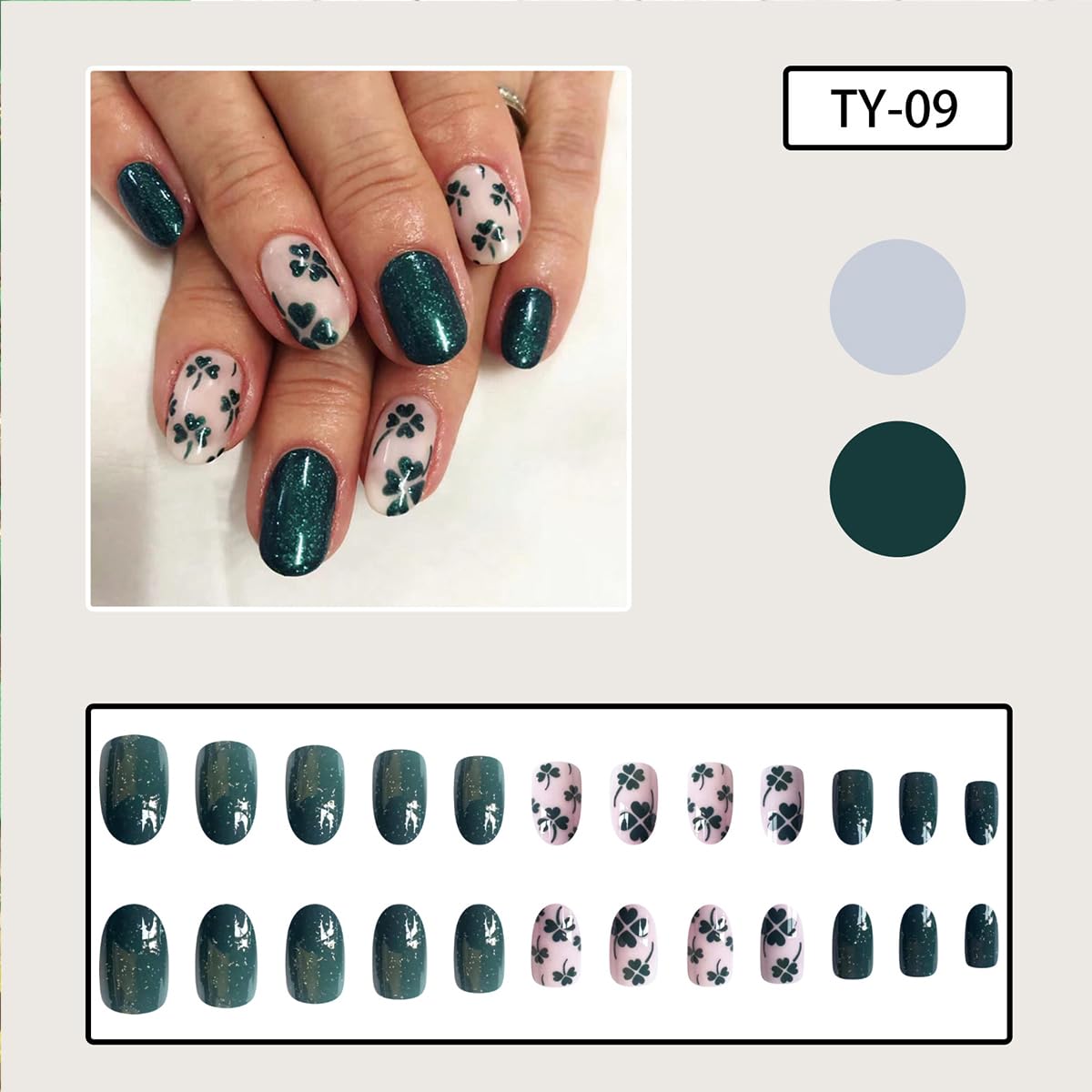 St.Patrick’s Day Press on Nails Short Oval Green Shamrock Fake Nails with Glitter Design Irish Glue on Nails Glossy Almond False Nails for Women Saint Patrick’s Day Acrylic Nails Manicure Tips 24Pcs - Image 2