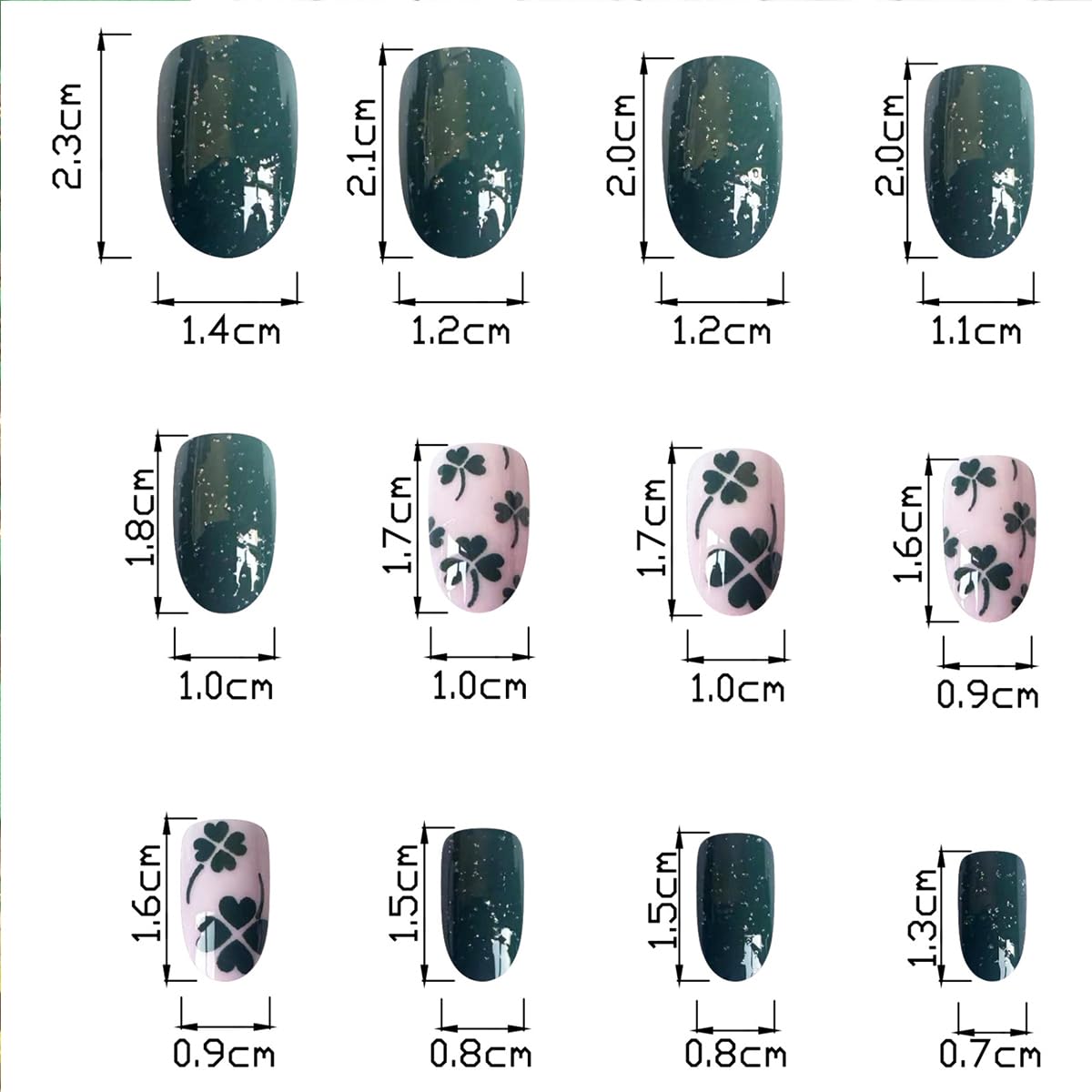 St.Patrick’s Day Press on Nails Short Oval Green Shamrock Fake Nails with Glitter Design Irish Glue on Nails Glossy Almond False Nails for Women Saint Patrick’s Day Acrylic Nails Manicure Tips 24Pcs - Image 3