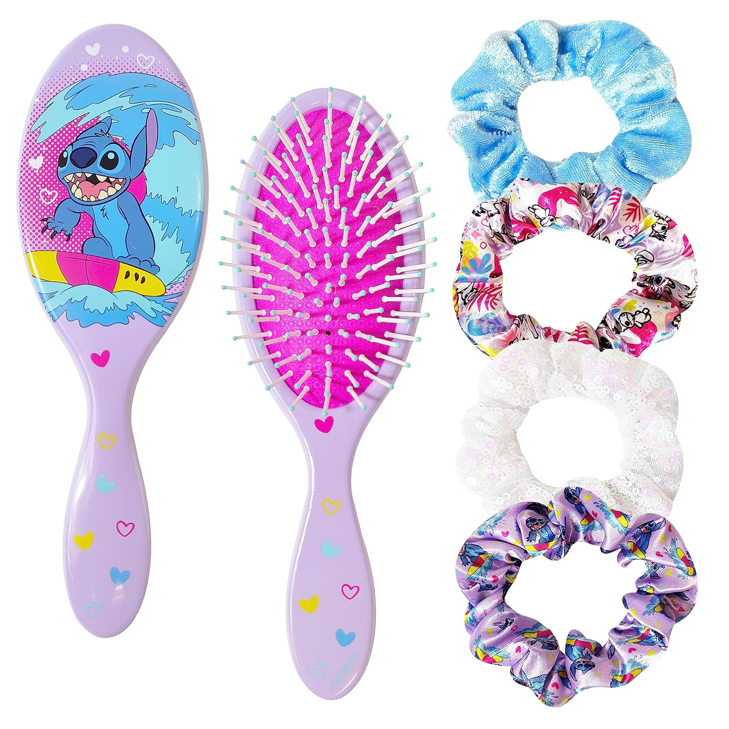 Stitch Detangling Hair Brush & 4 Scrunchies Set for Girls Ages 3+
