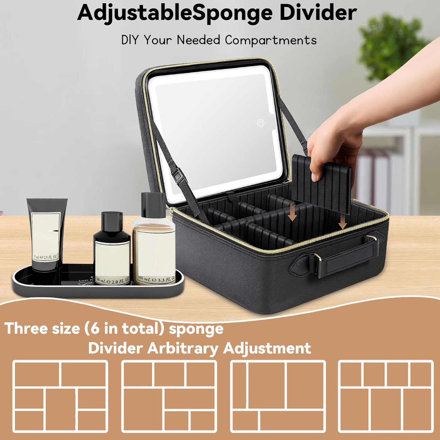LED Travel Makeup Bag with 15X Mirror, Waterproof Organizer & Adjustable Dividers (Black) - Image 4
