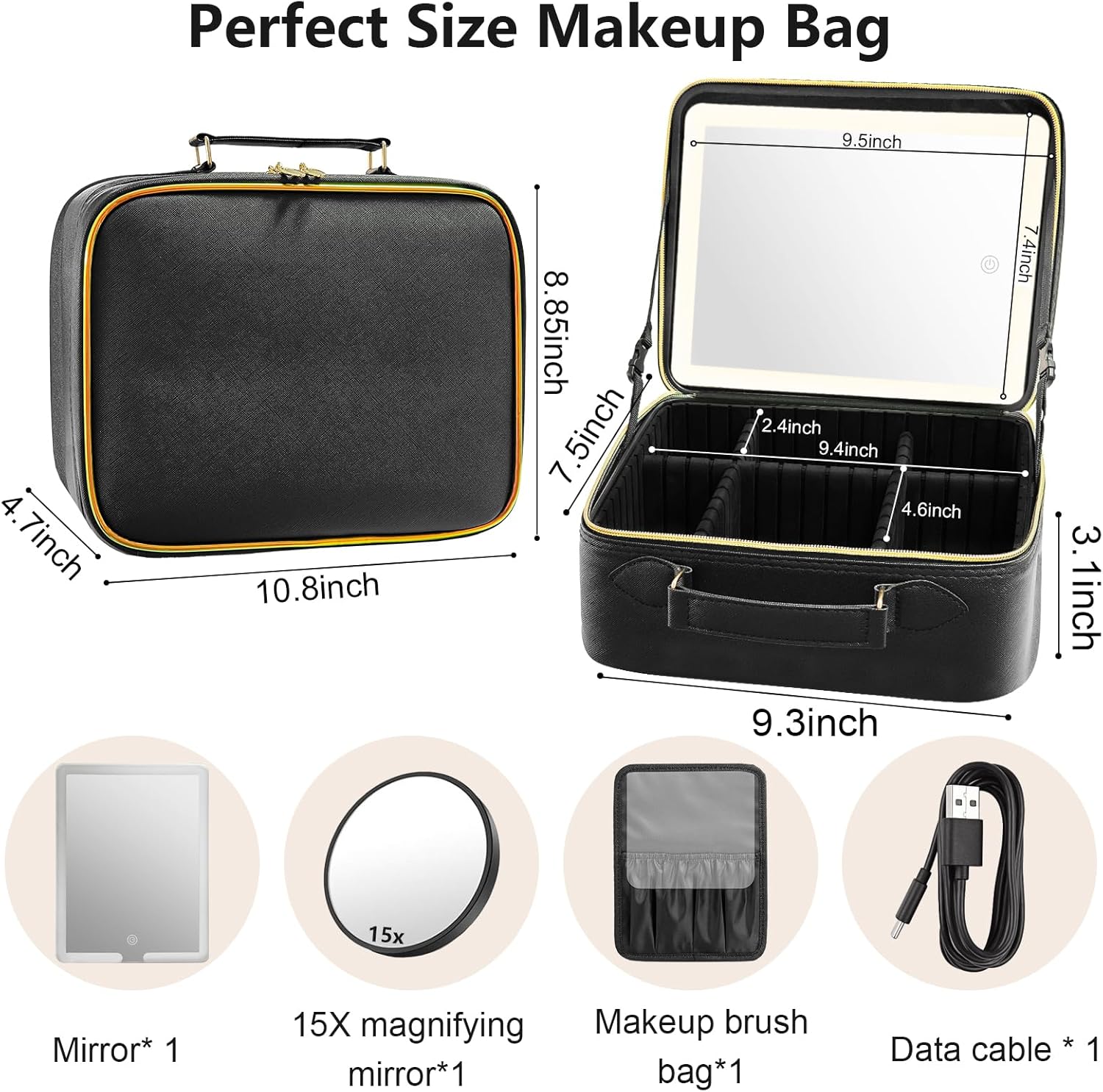 LED Travel Makeup Bag with 15X Mirror, Waterproof Organizer & Adjustable Dividers (Black) - Image 2