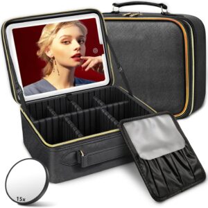 LED Travel Makeup Bag with 15X Mirror, Waterproof Organizer & Adjustable Dividers (Black)