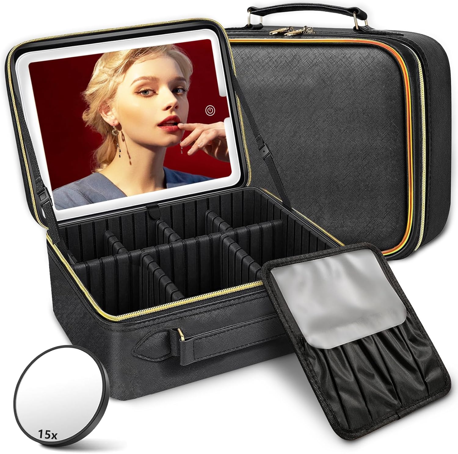 LED Travel Makeup Bag with 15X Mirror, Waterproof Organizer & Adjustable Dividers (Black)