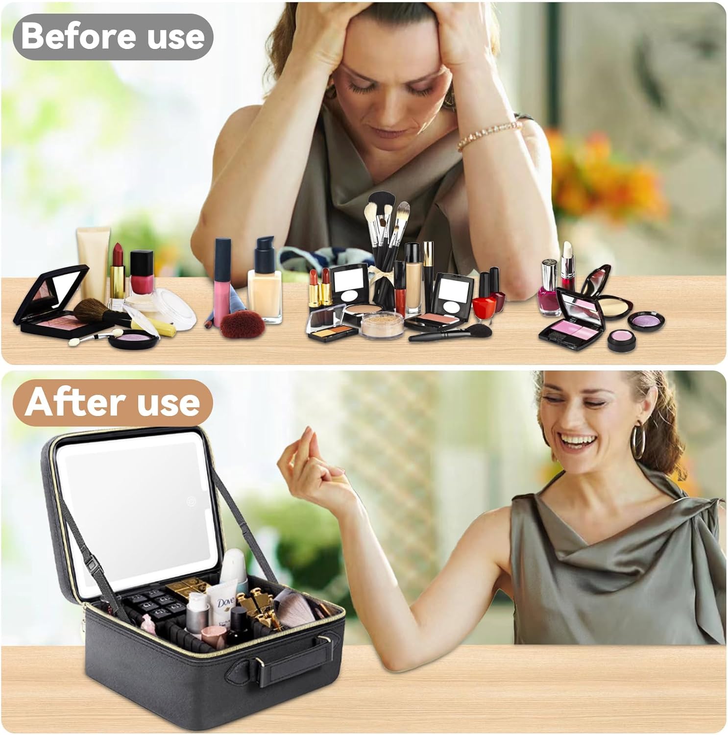 LED Travel Makeup Bag with 15X Mirror, Waterproof Organizer & Adjustable Dividers (Black) - Image 7