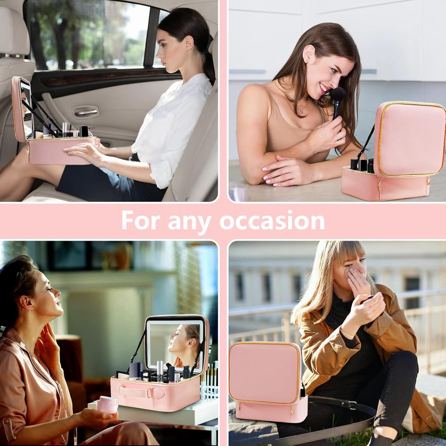 LED Makeup Bag with 15X Magnifying Mirror, Waterproof, Adjustable Dividers (Pink) - Image 6